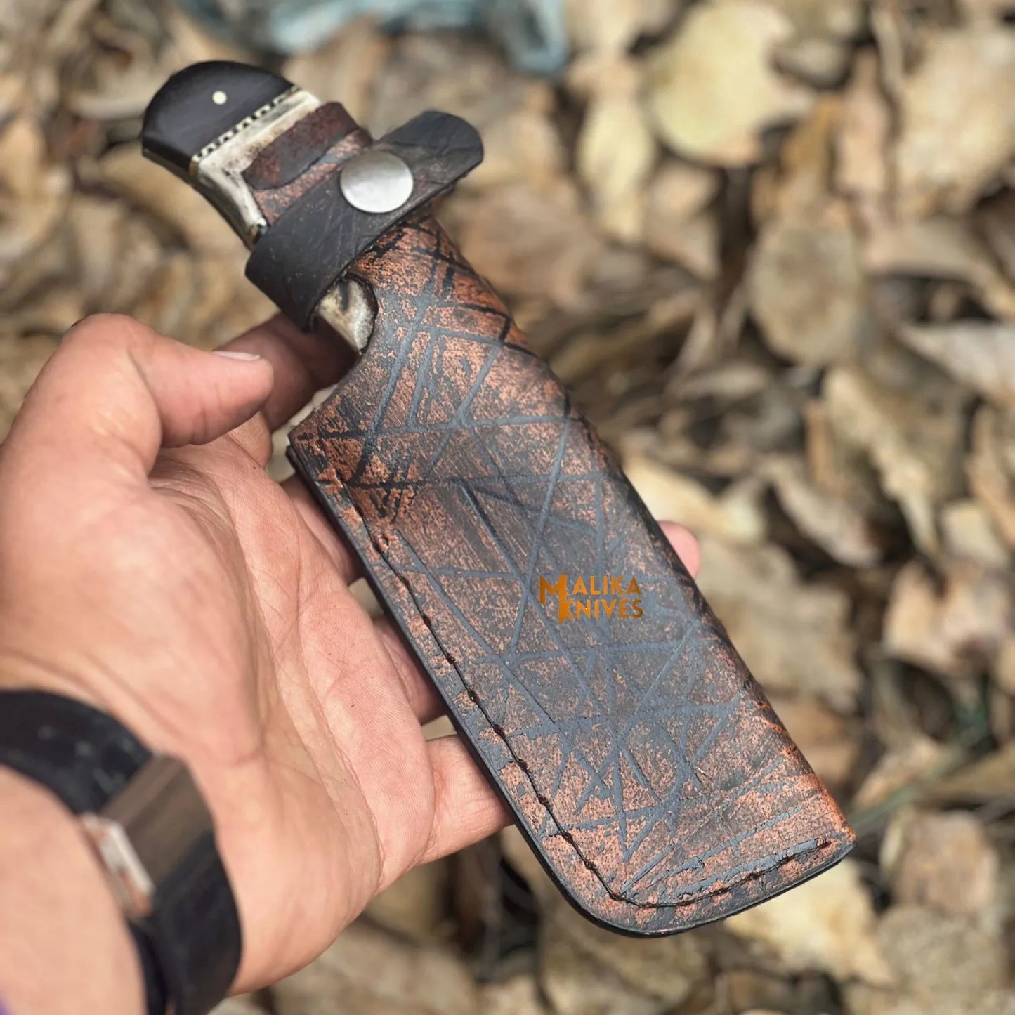 SS Damascus Stag Hunting Bowie Knife with Custom Leather Sheath-0047