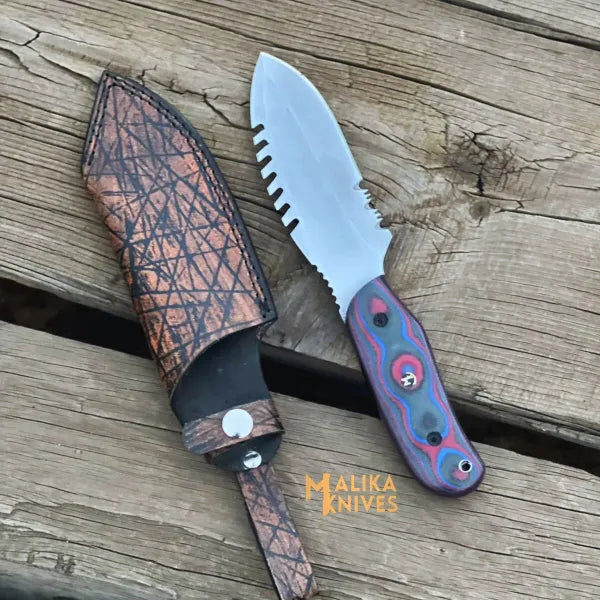 Handmade Hunter Point Blade hunting knife with Teeth blade and Custom leather sheath-0332