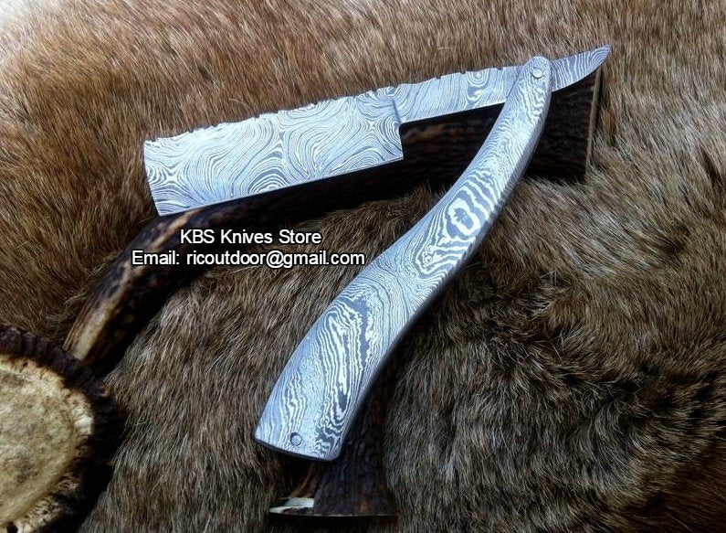Premium Antique Razor with Damascus Steel Blade and Damascus Steel Scales Handle - Includes Leather Case - Available Exclusively at KBS Knives Store