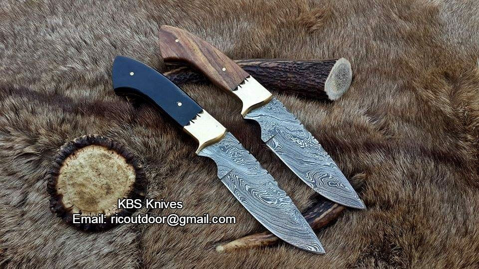 Deal of 2 Custom Handmade 9-Inch Damascus Fixed-Blade Hunting Knives - Rosewood & Buffalo Horn | KBS Knives Store