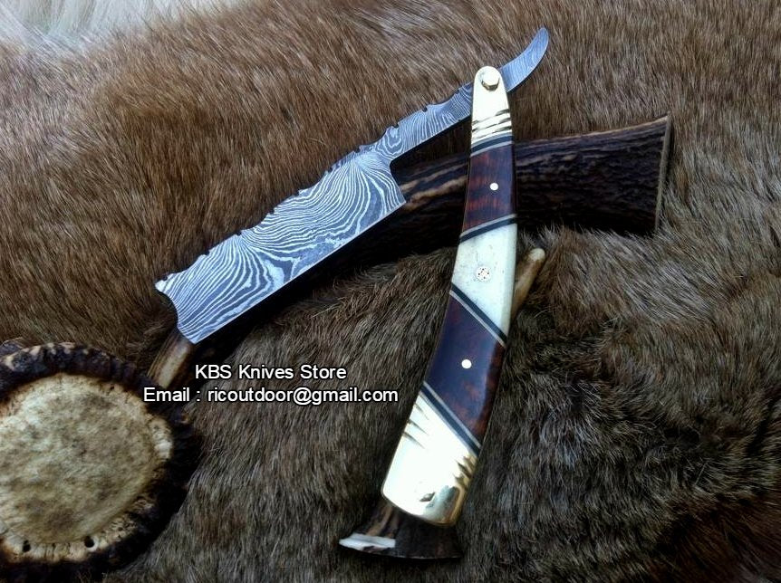 Antique Straight Razor with Damascus Steel Blade and Bone, Rosewood, and Brass Bolsters Handle - Includes Leather Case - Available Exclusively at KBS Knives Store