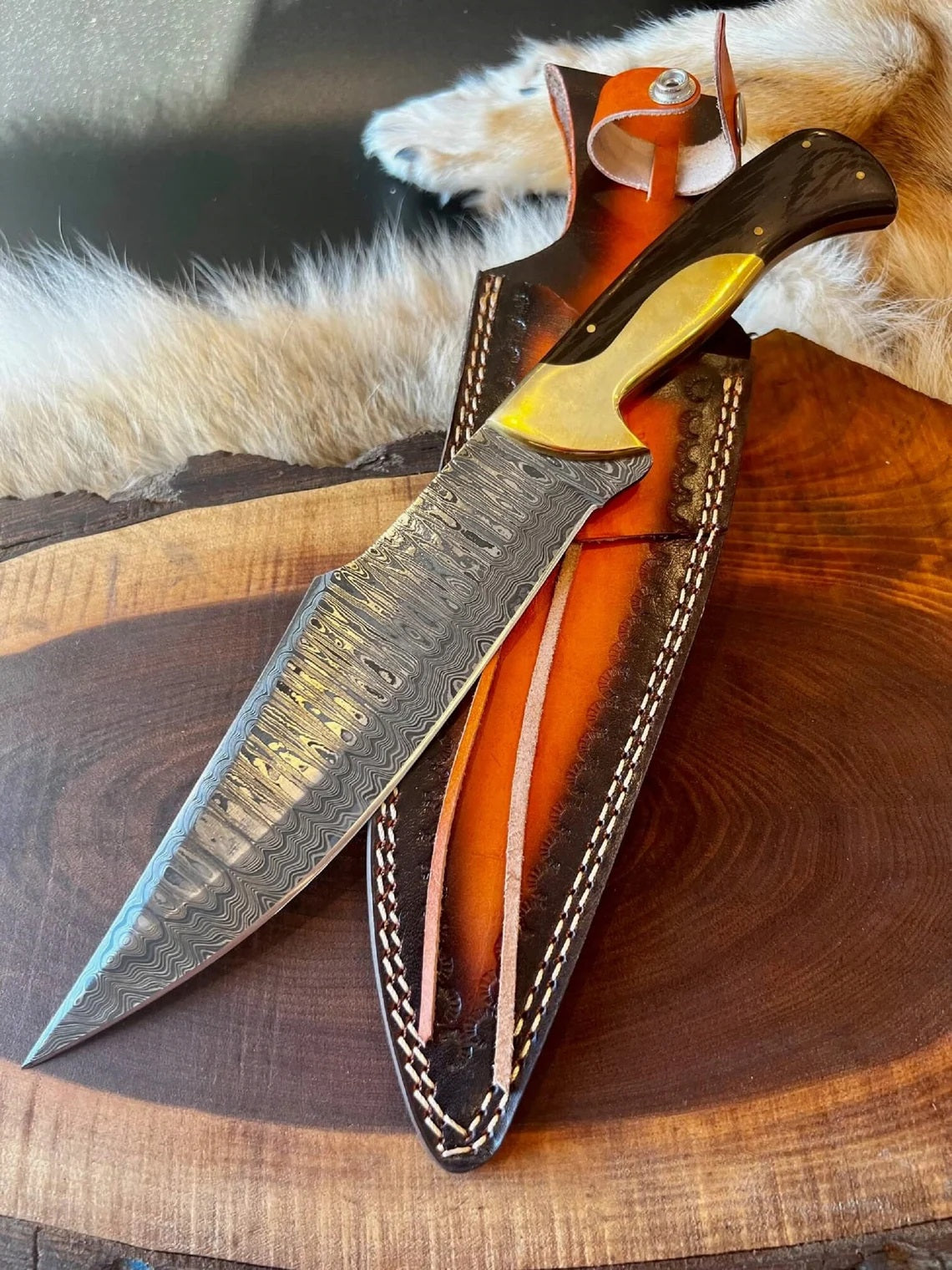 Custom Handmade Damascus Steel Bowie Knife with Wenge Wood and Brass Bolster Handle