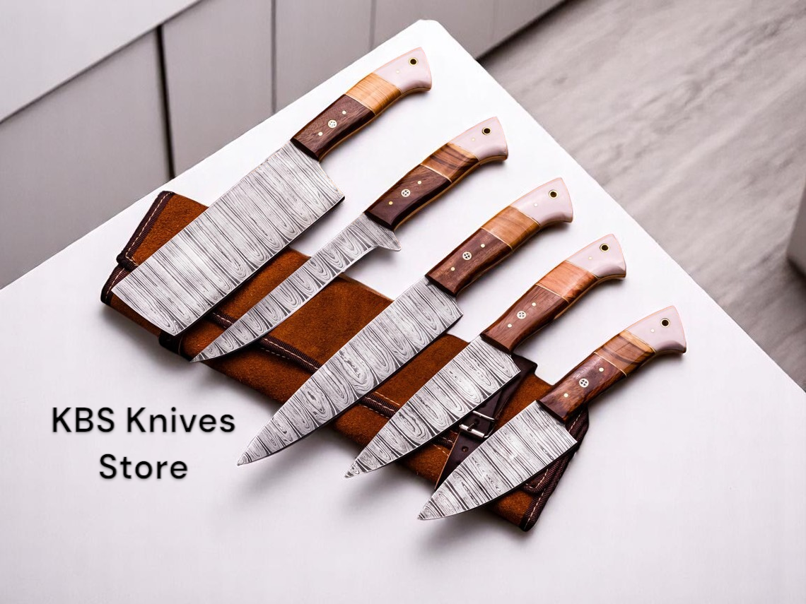 5 Pcs Custom Handmade Damascus Steel Knife Set with Olivewood, Rosewood & Bone Handles