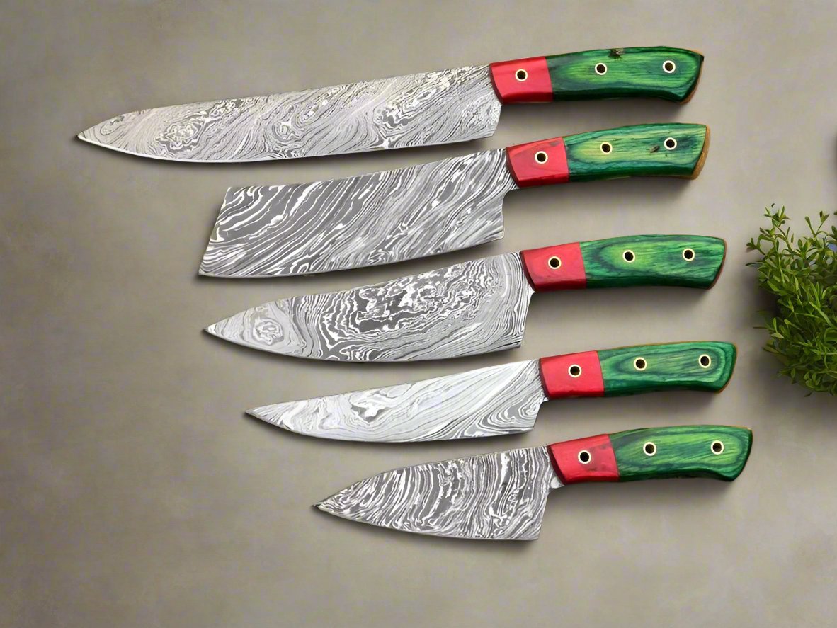 VerdantInferno Damascus Steel Kitchen Knife Set – 8 to 13 Inch Blades with Exotic Green & Red Wood Handles