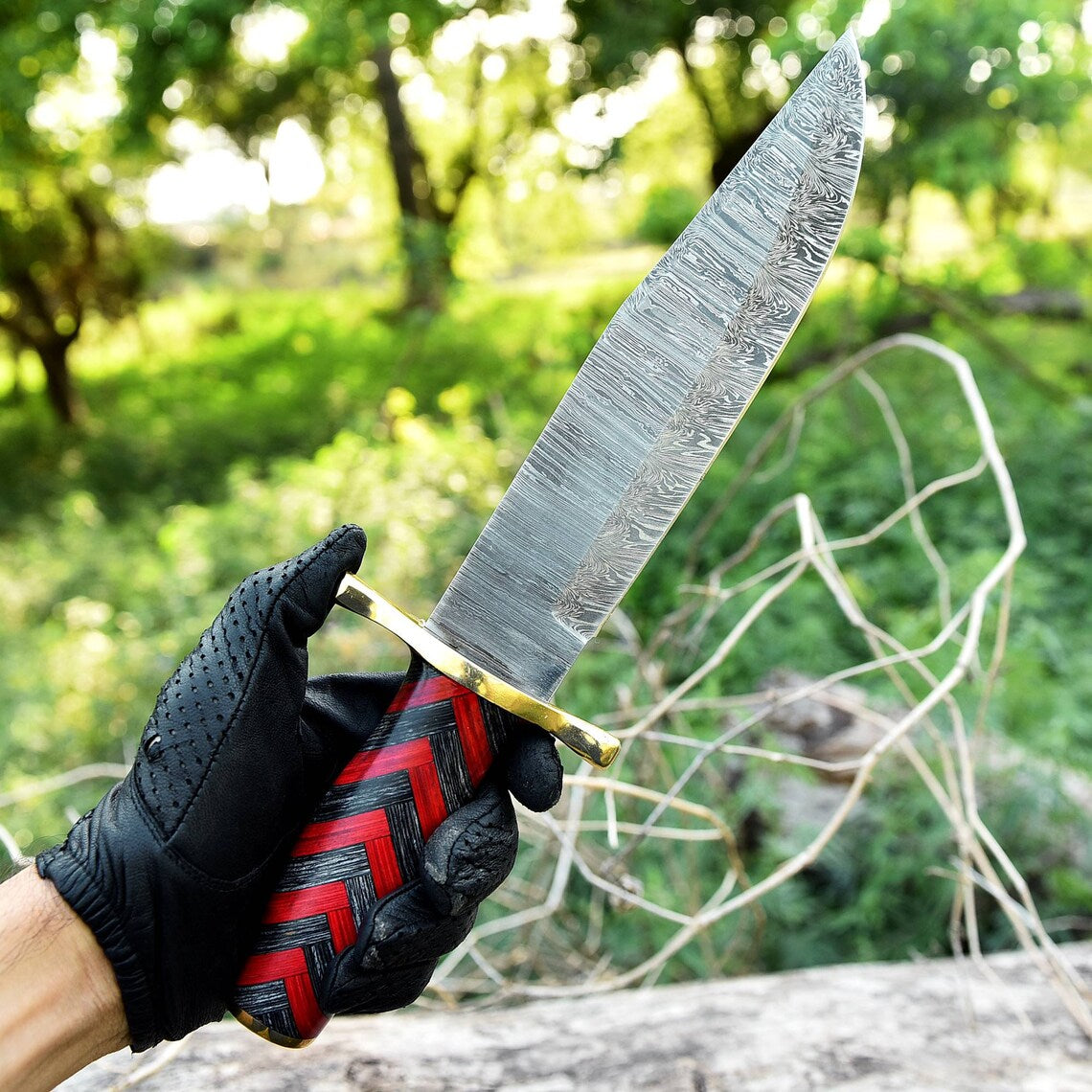Antique Damascus Steel Bowie Knife – 11" with Brass Guard and Pakka Wood Handle