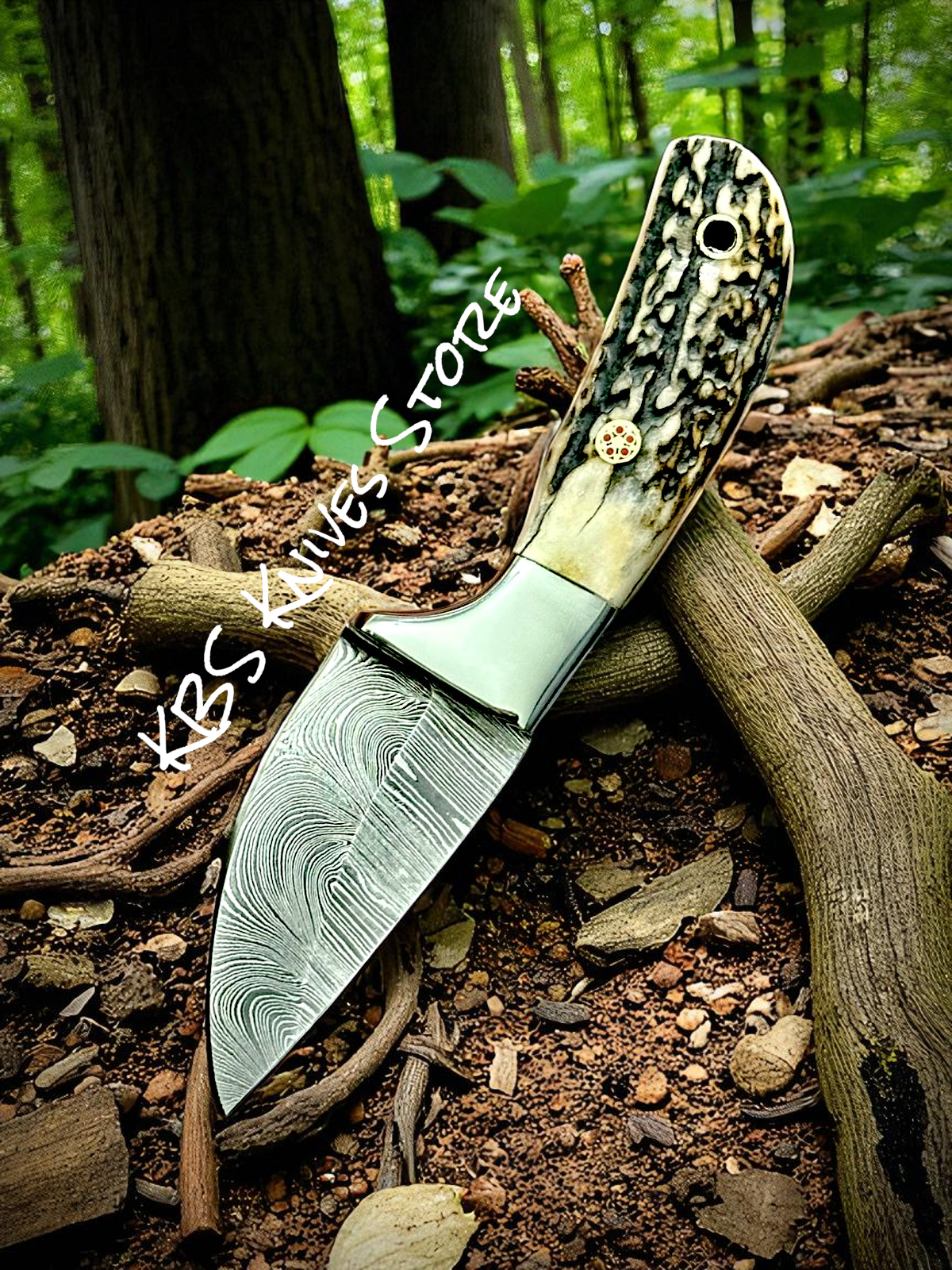 Buckaroo Knife for Rancher – 5.5" Damascus Steel Full Tang Blade with Antler Horn & Leather Sheath