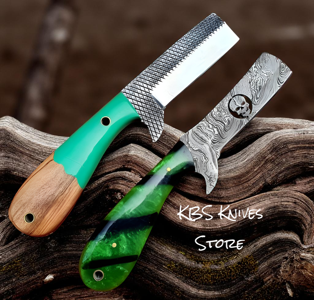 Bull Cutter Knives – 8" Damascus, Rasp File Blades with Epoxy Resin Handles & Western Sheath