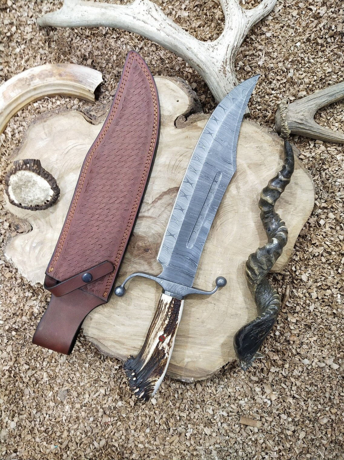 Custom Handmade Bowie Knife with Twisted Damascus Steel Blade and Antler Horn Handle - 15 Inches