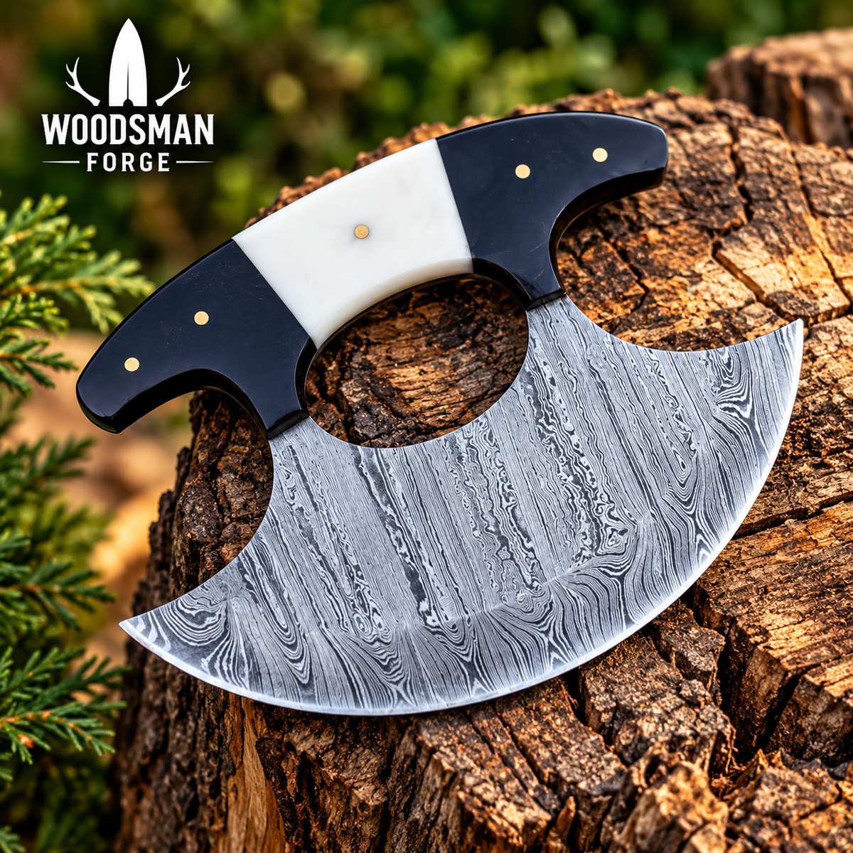 Bonehorn Northcrest™ Damascus Ulu Knife with Camel Bone & Buffalo Horn Handle