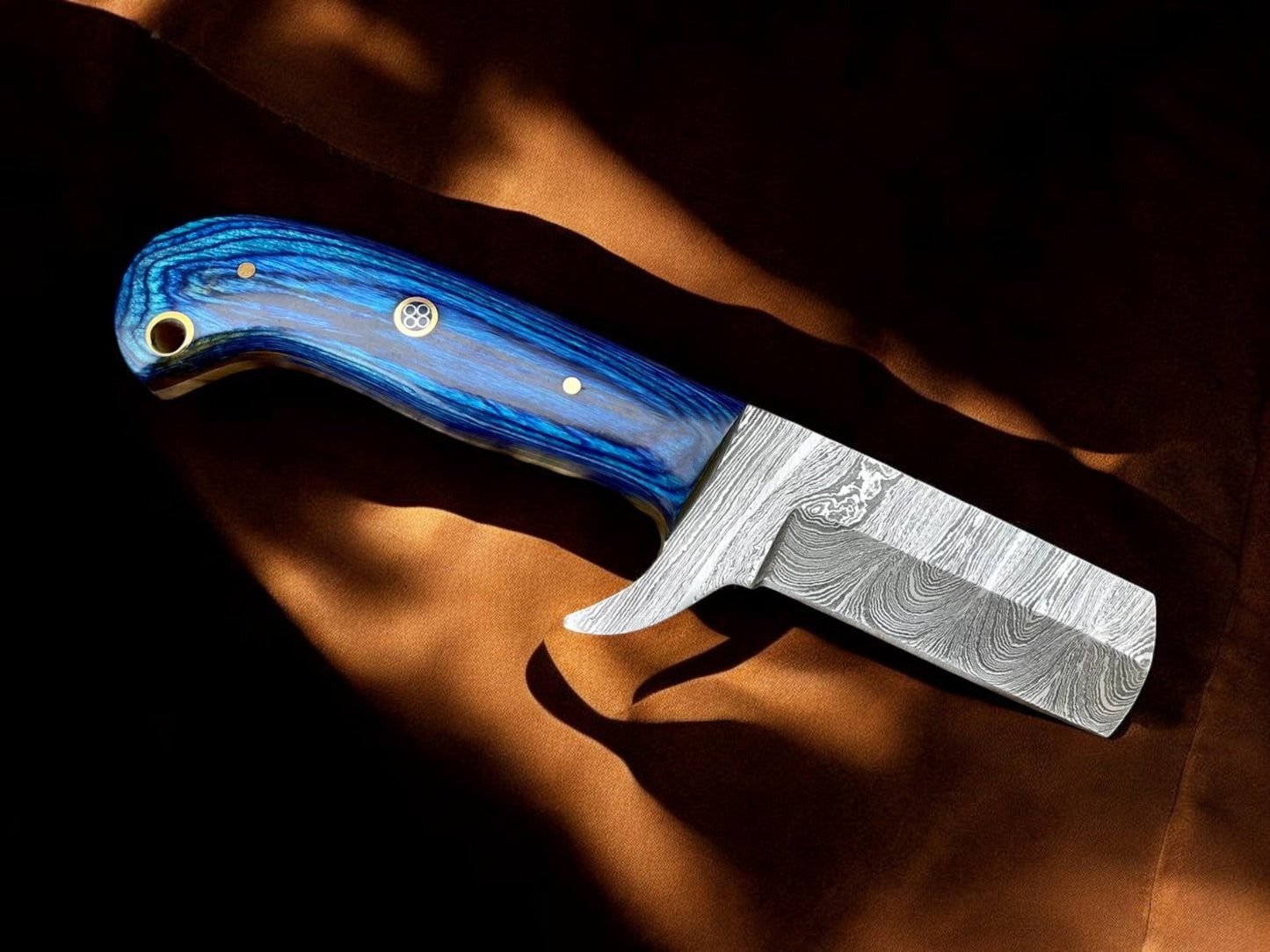 Premium Damascus Bull Cutter Knife - 7" Hand Forged Steel with Exotic Blue Wood Handle