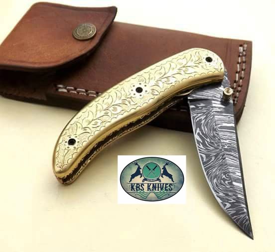 Everyday Carry Hand Engraved Damascus Steel Folding Pocket Knife with Brass Handle – The Artisan