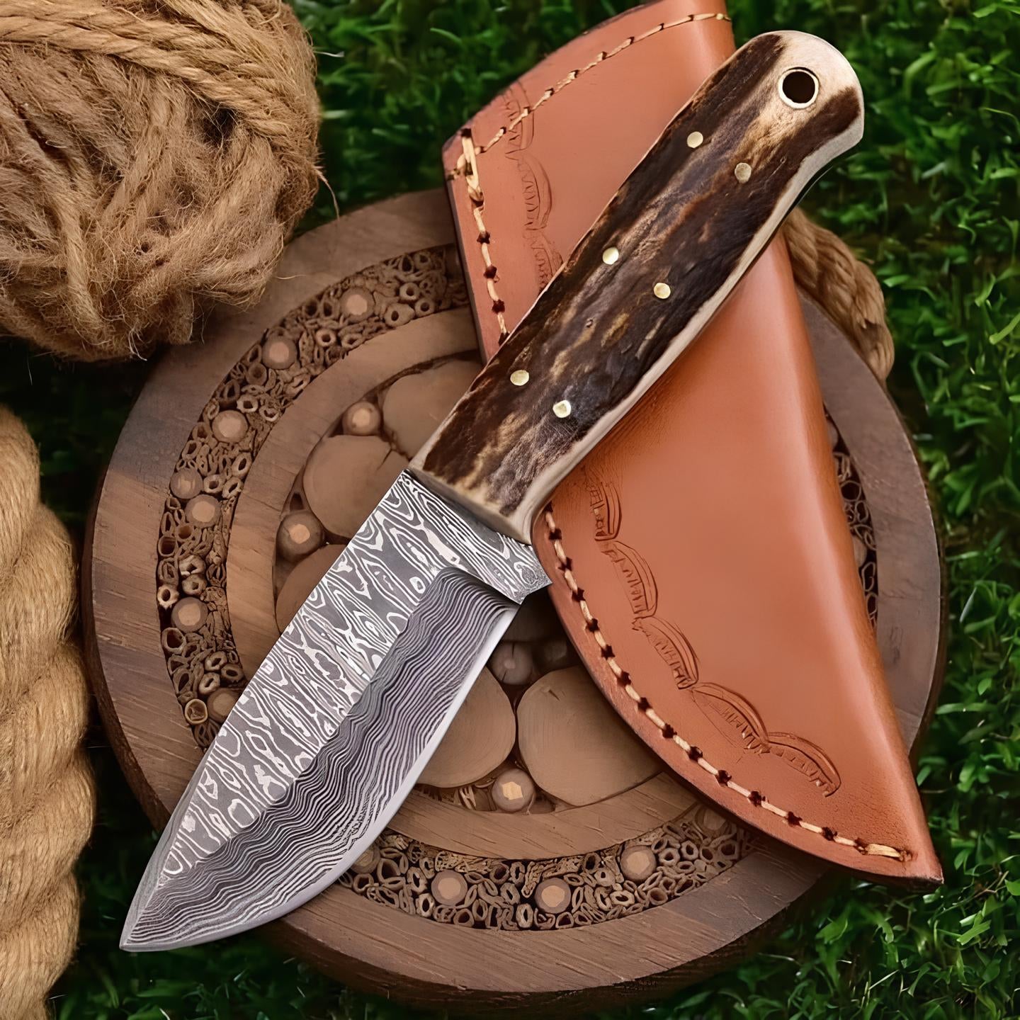 Premium Damascus Steel Knife with Deer Horn Handle and Leather Sheath