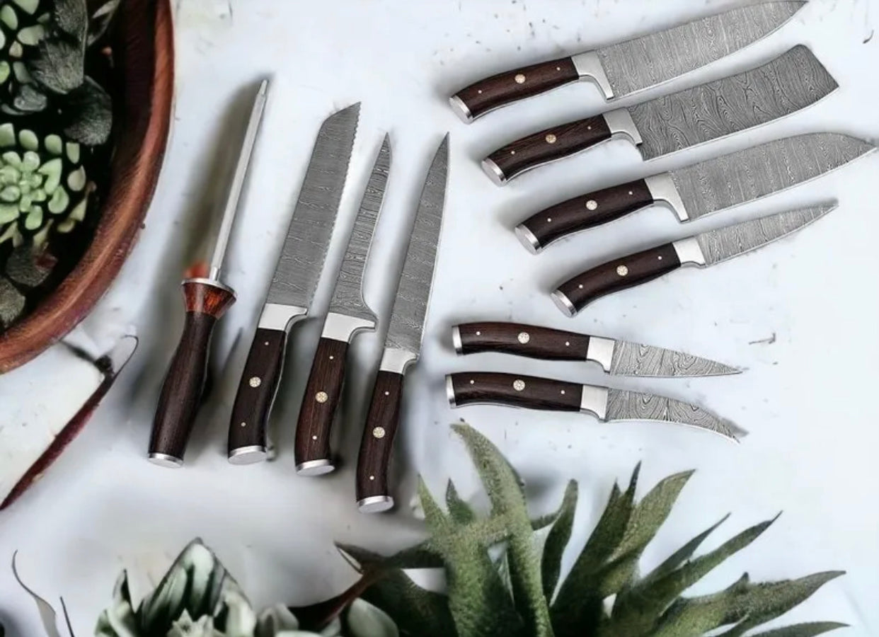 Best Knife Sets for Kitchen – 13" Handmade Damascus Steel Chef Knife with Rosewood Handle & Leather Sheath