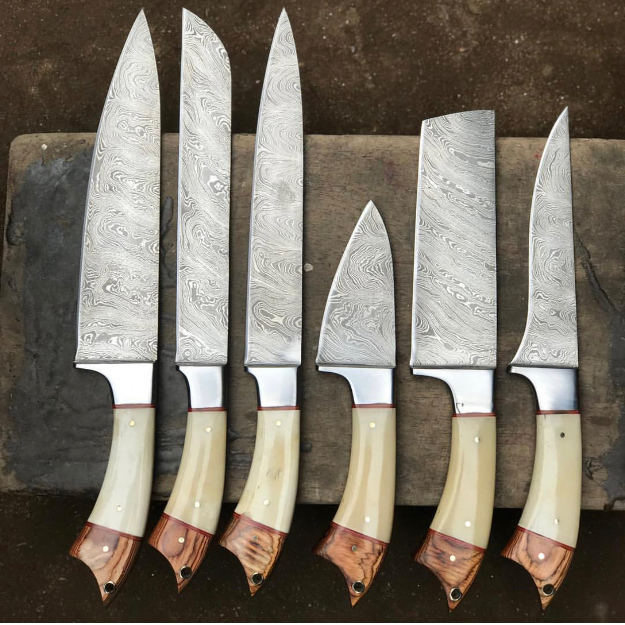Sculpted Elegance: 6-Piece Kitchen Knives Set with Twist Damascus Steel Blades, Exotic Wood and Bone Handles, and Leather Roll