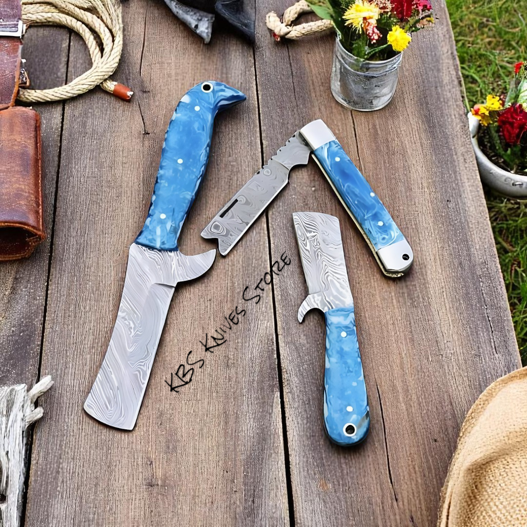Bull Cutter Knives Set - Premium 3-Piece Damascus Steel Collection with Sheaths