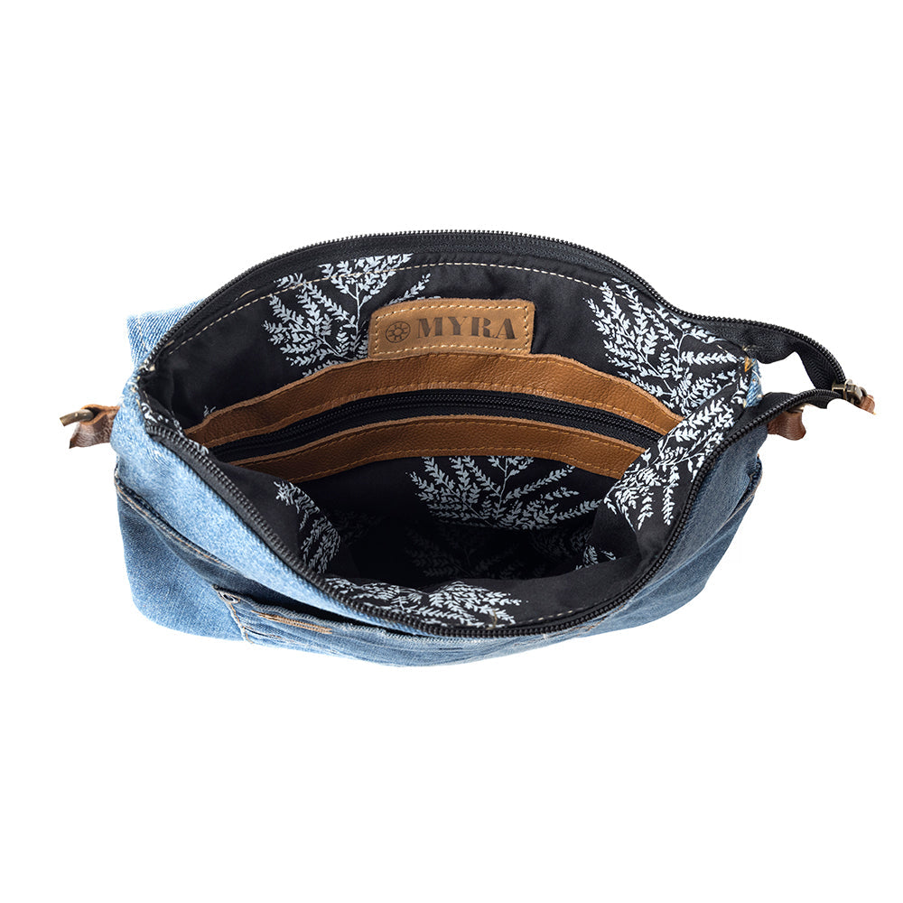 Myra Jaycee's Day Upcycled Denim Crossbody Bag - Foldover Everyday Sling with Leather Strap and Pocket Detail for Laid-Back Vibes