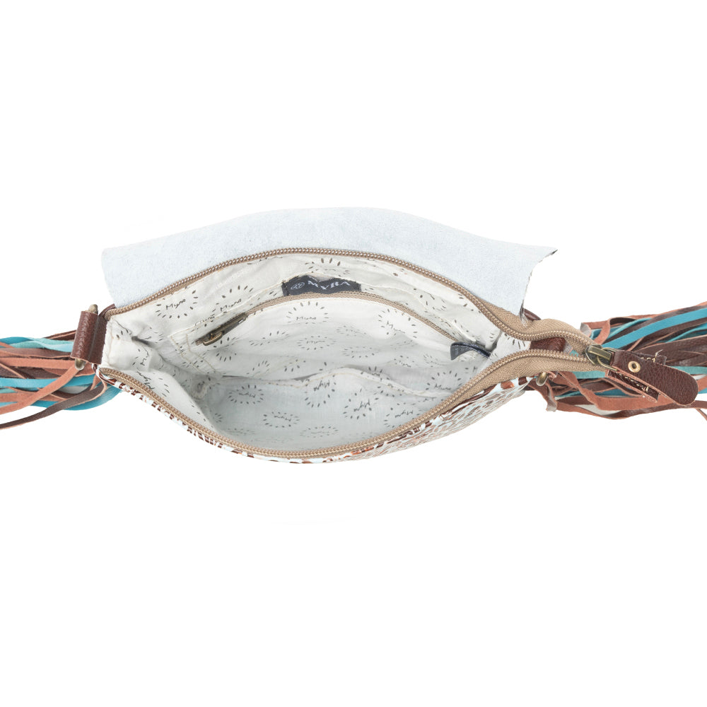Myra Cobal Blue Concealed Carry Bag in Hair on Leather with embossed turquoise detailing and fringe