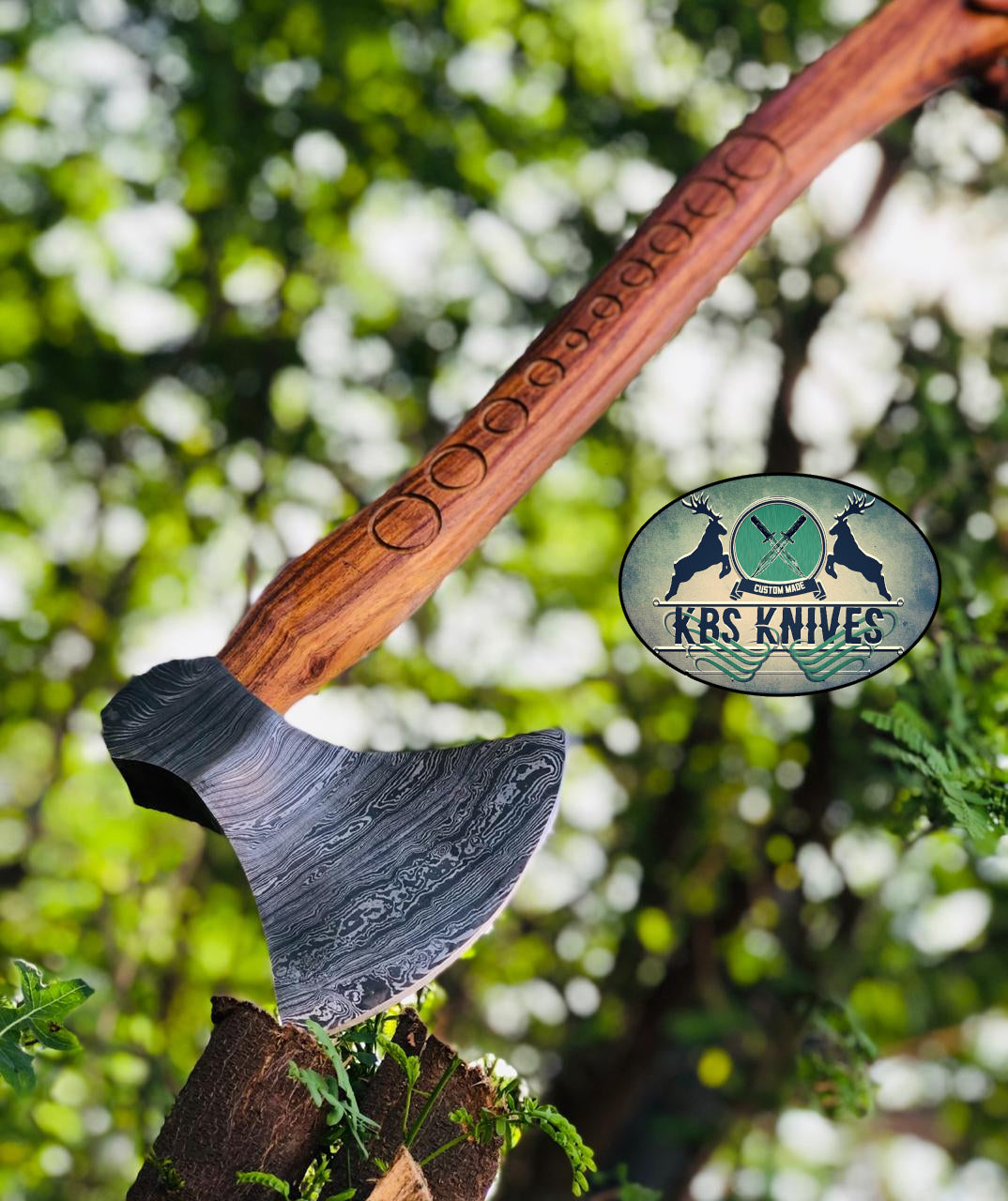 Handmade Damascus Steel Viking Beard Axe with Hand-Carved Rosewood Handle and Leather Sheath