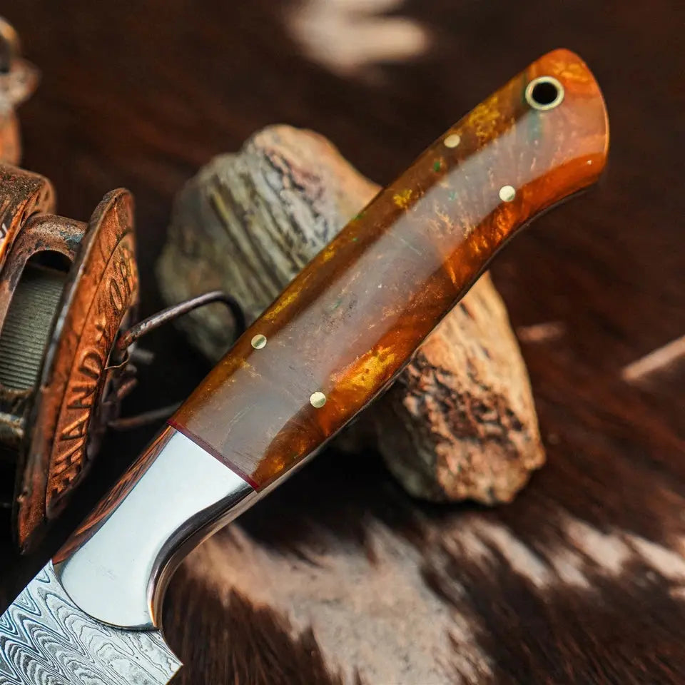 9.1" Handmade Damascus Hunting EDC Knife – Full Tang Resin Handle