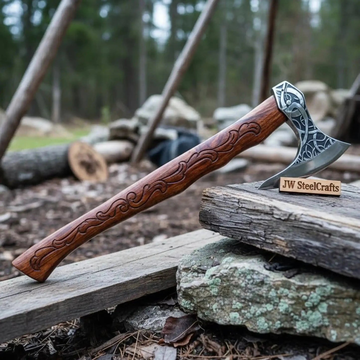 Beautiful handmade steel axe with wood handle