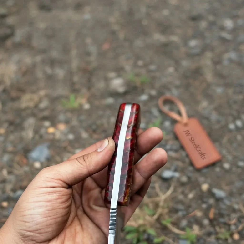 Stainless Steel Sheepsfoot Outdoor Knife — Brown Orange Swirl Resin Handle, Finger Choil & Satin Finish