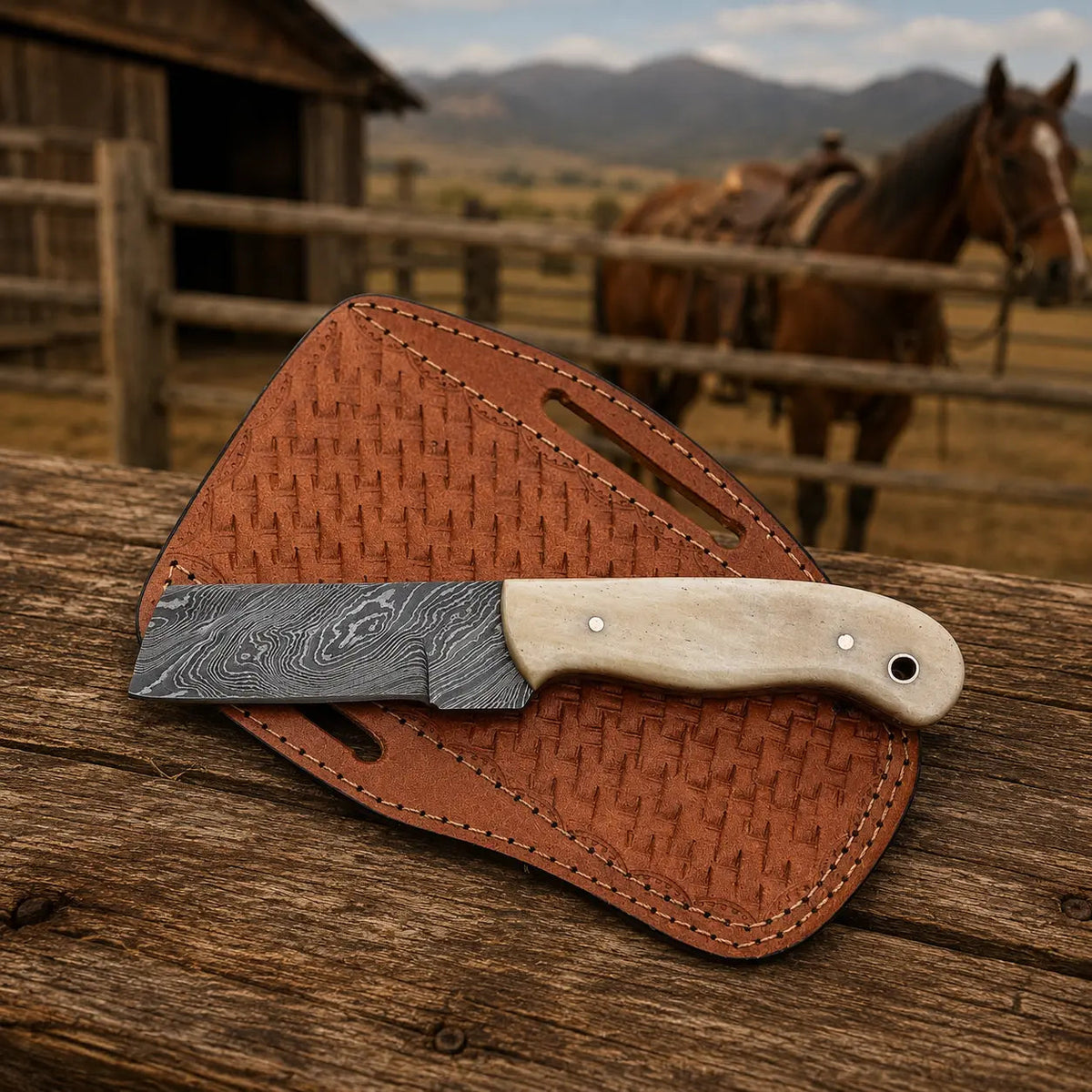 Bullcrest Cowboy Bull Cutter – Damascus Steel, Bone Handle & Leather Sheath