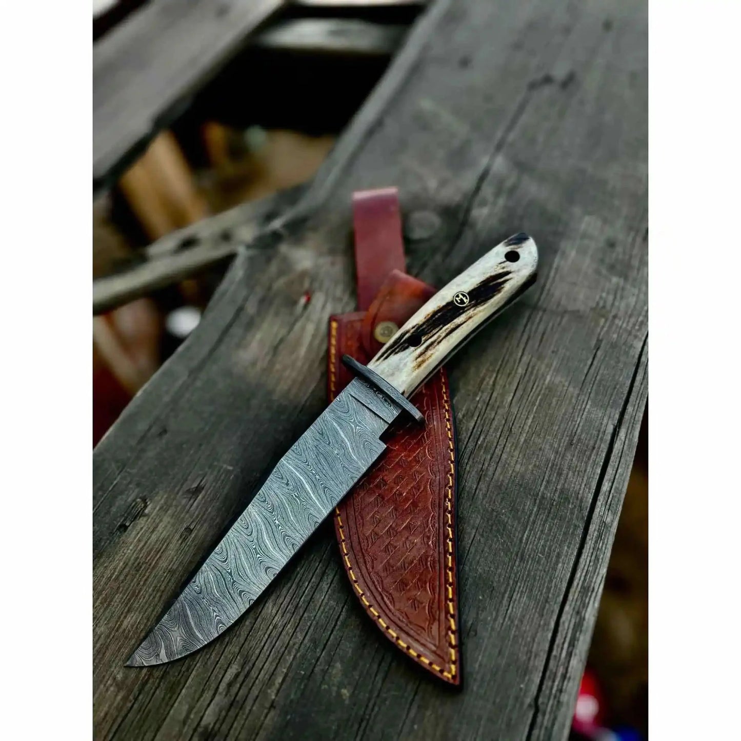 Stag Handle Damascus Hunting Knife Handmade Bowie Knife