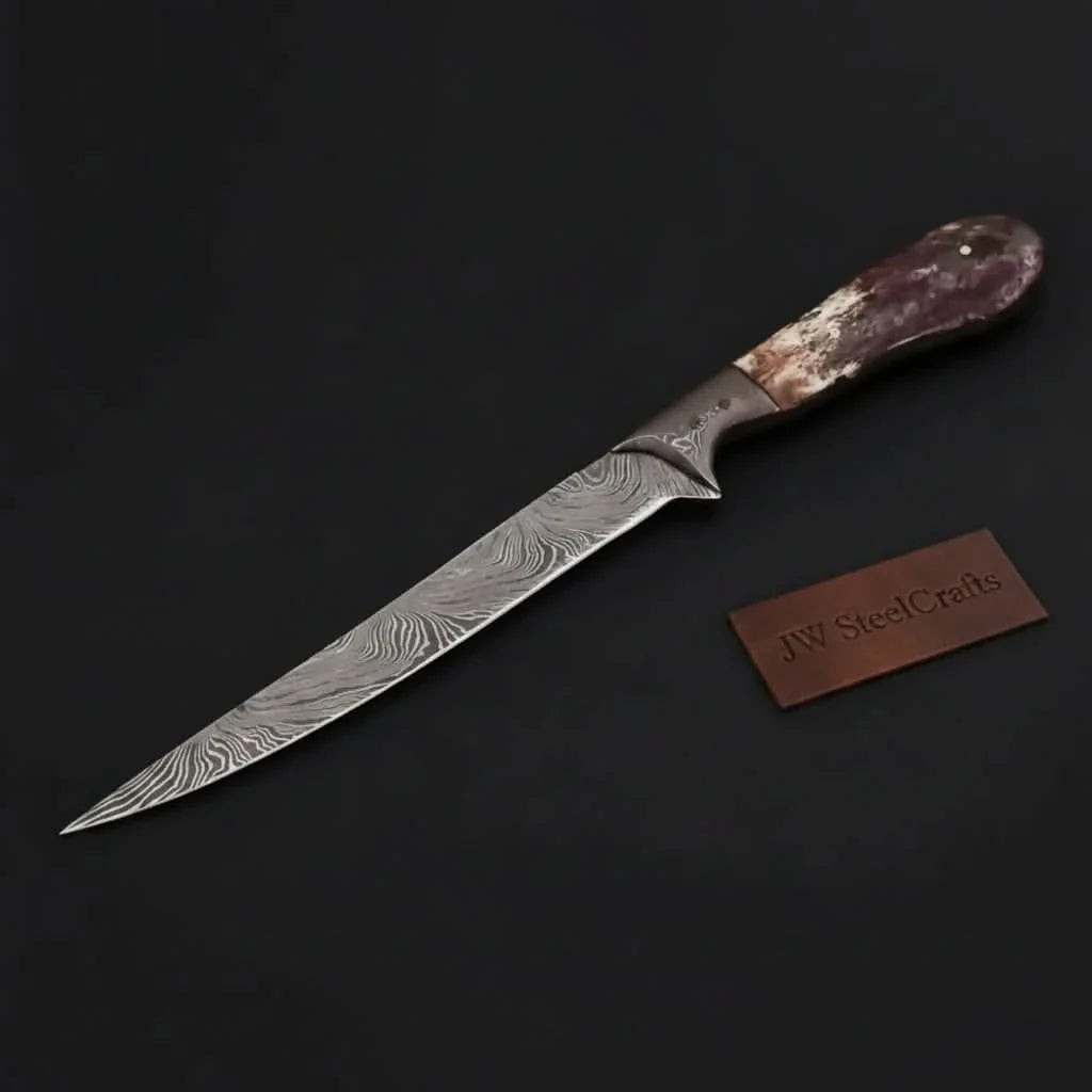 Custom Handmade Damascus Steel Boning Knife With Colour Bone Handle with Leather Sheath