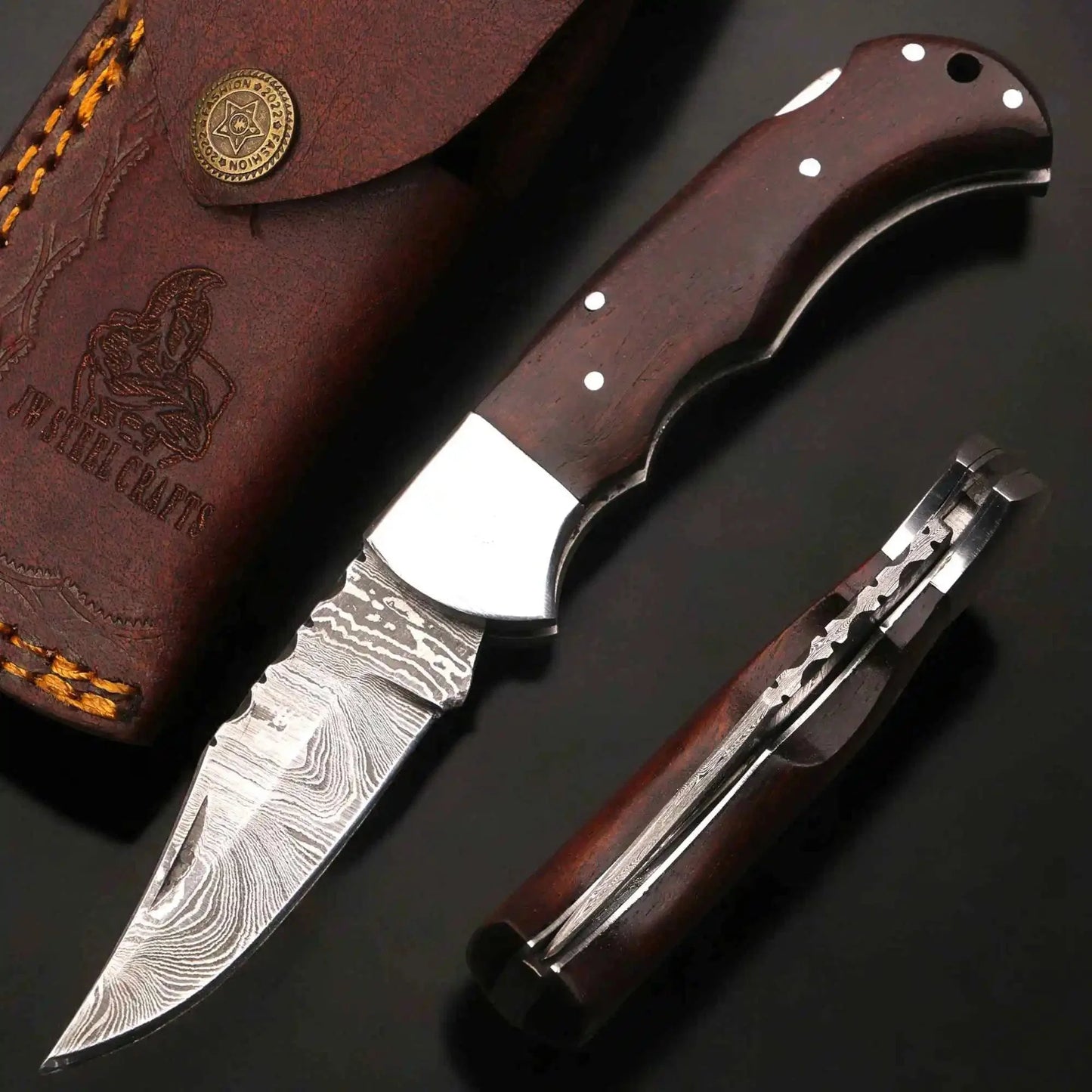 Damascus Folding Knife | Rosewood Handle Lockback | Pocket EDC Knife