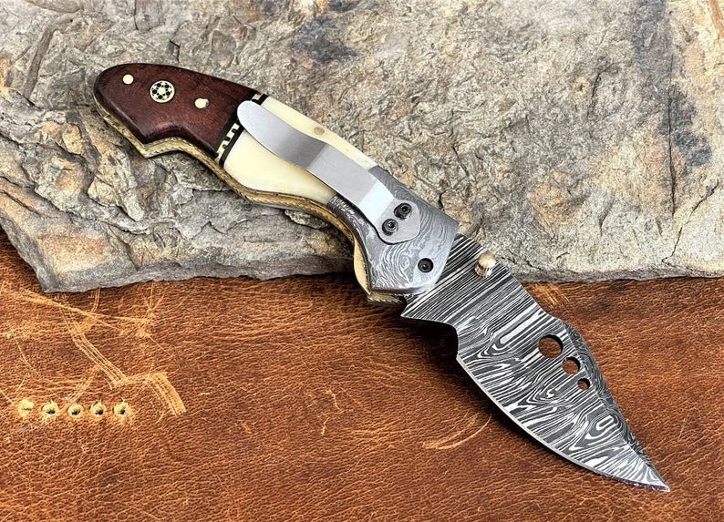 Damascus Steel Pocket Knife with Belt Clip Camel Bone Rose Wood Handle