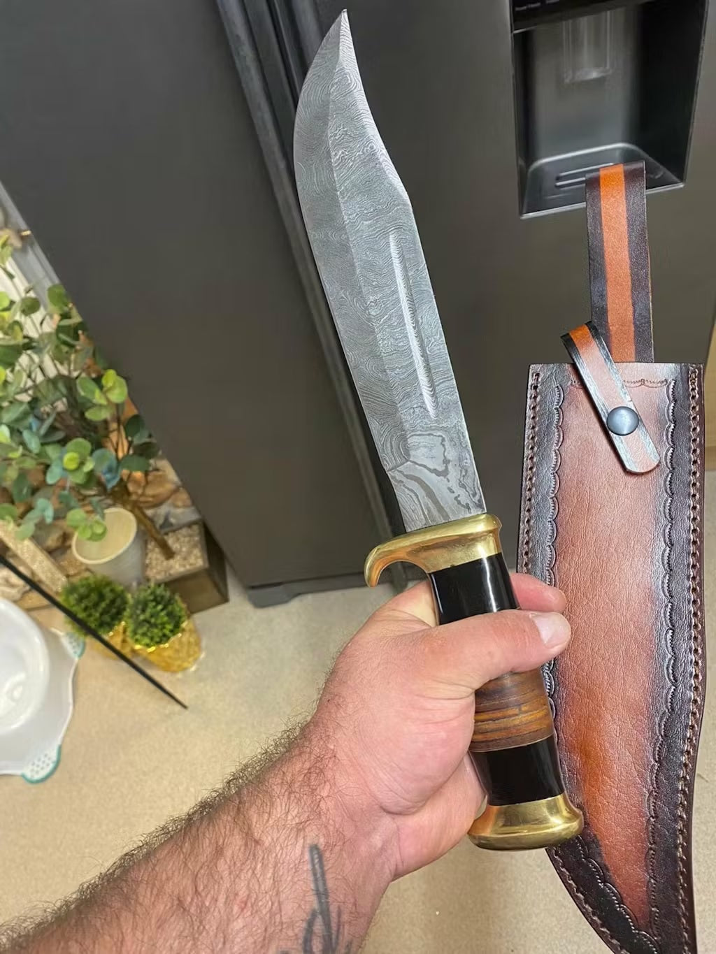 Damascus Steel Crocodile Dundee Knife – 16" Custom Handmade with Blood Groove & Stacked Leather Handle