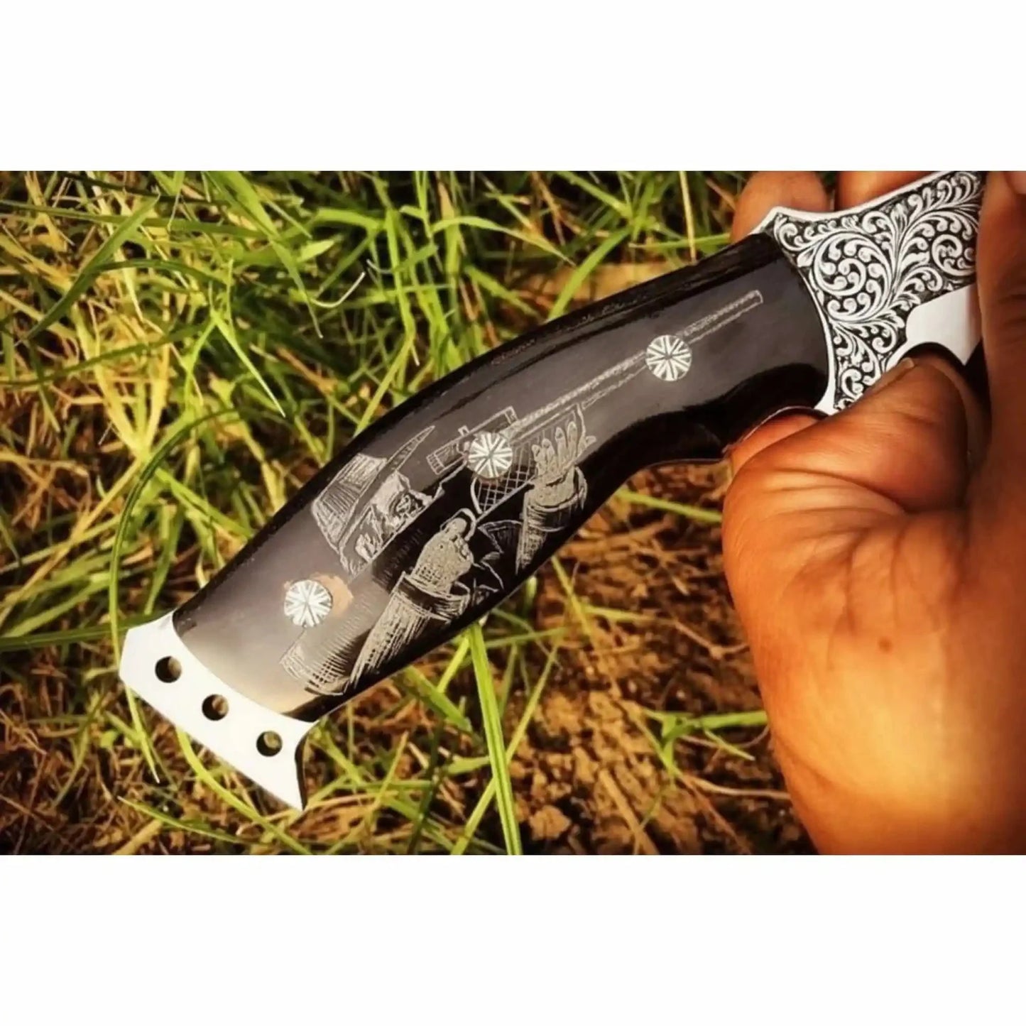 Frontier Persian Clip Point Bowie Knife Engraved D2 Steel Fixed Blade