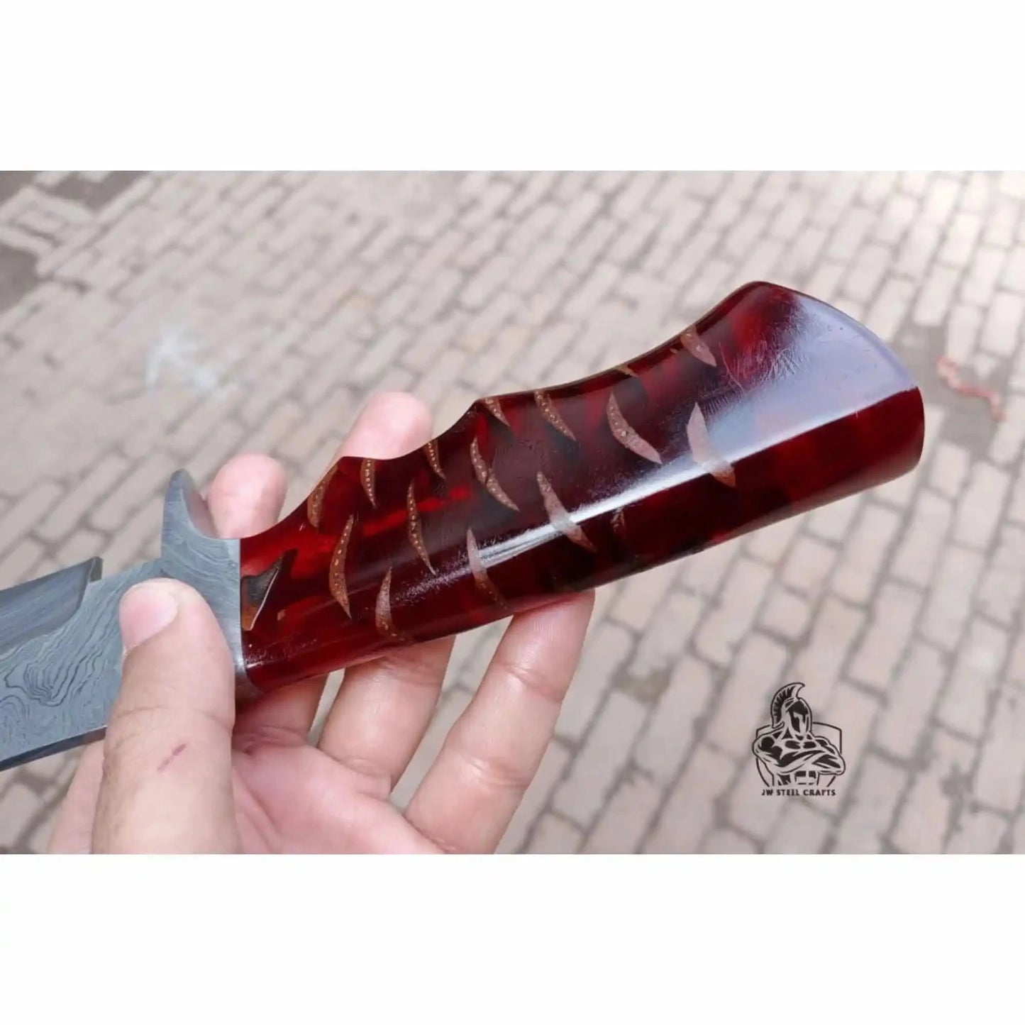 Handmade Coffin Handle Clip Point Bowie Knife Damascus Steel Blade Red Resin Handle Custom Fixed Blade JW SteelCrafts