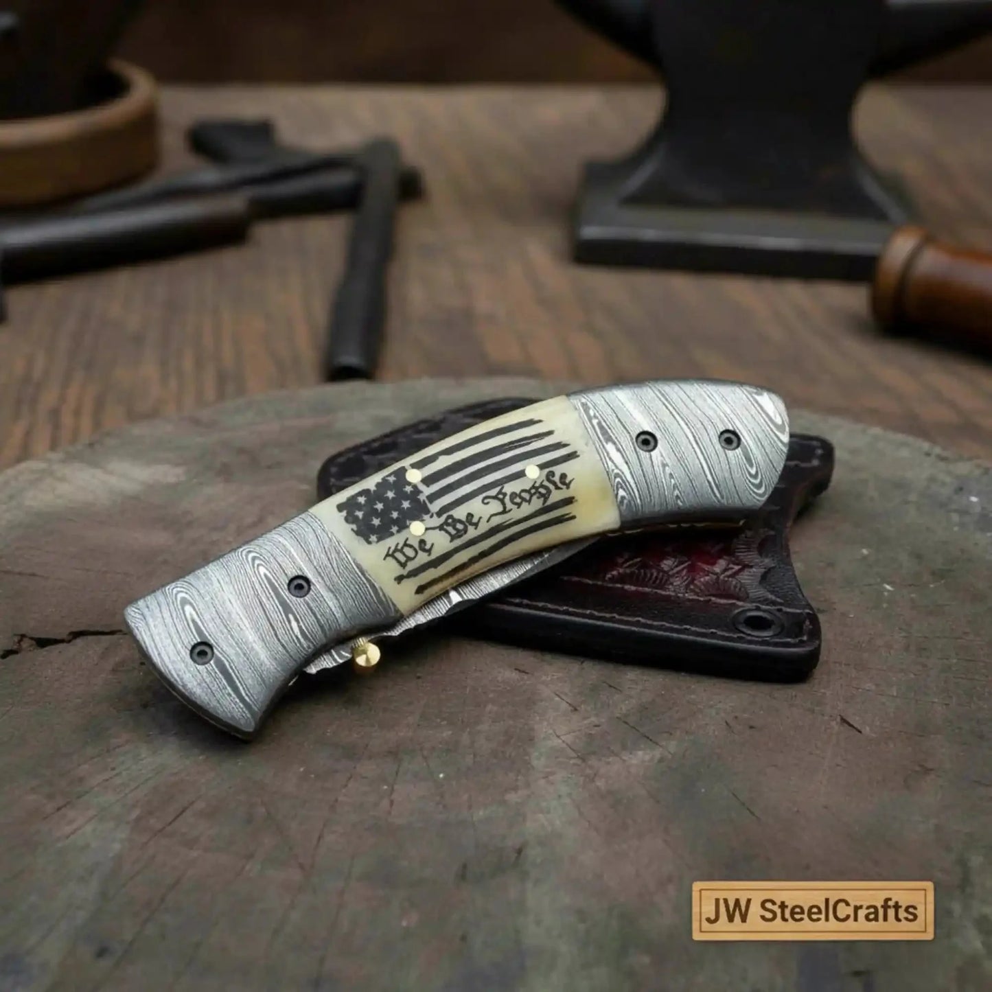 Handmade Damascus Drop Point Folding Knife – American Flag Handle, EDC Pocket Knife
