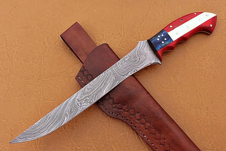 Handmade Damascus Steel Fillet-Boning Knife with Texas Flag Red-Blue Exotic Wood and Bone Handle - 13 Inch Overall Length