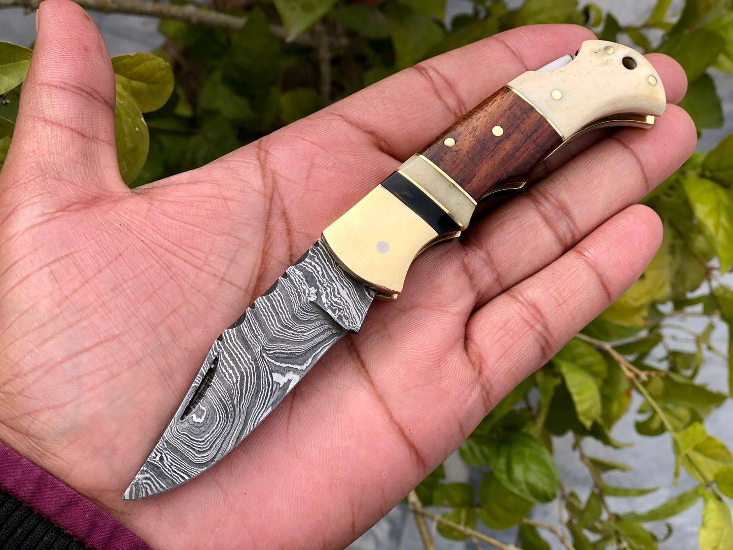 Custom Handmade Damascus Steel Small Folding Pocket Knife with Bone, Rosewood, and Brass Bolsters Handle