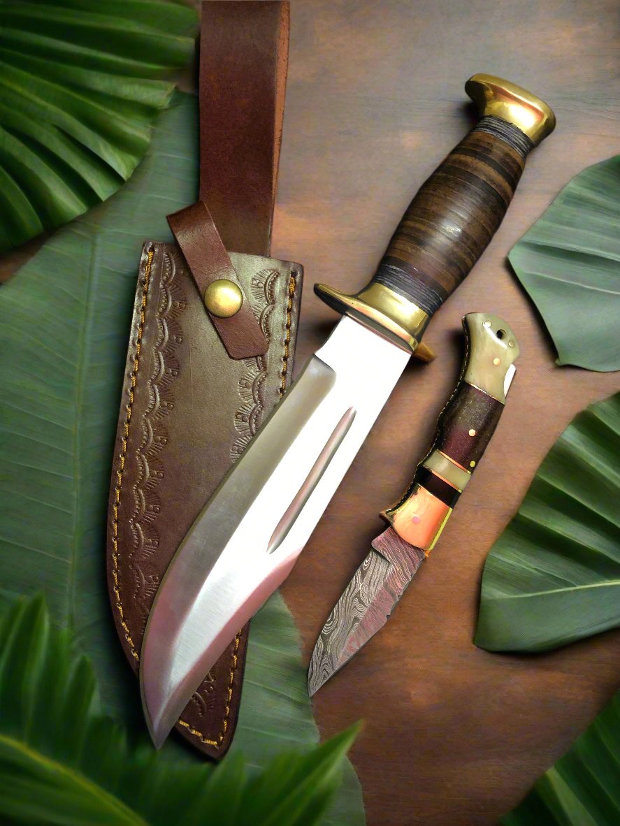 Outback Dual Edge Set – 16" D2 Forged Steel Bowie Knife & Damascus Folding Pocket Knife with Leather Sheath
