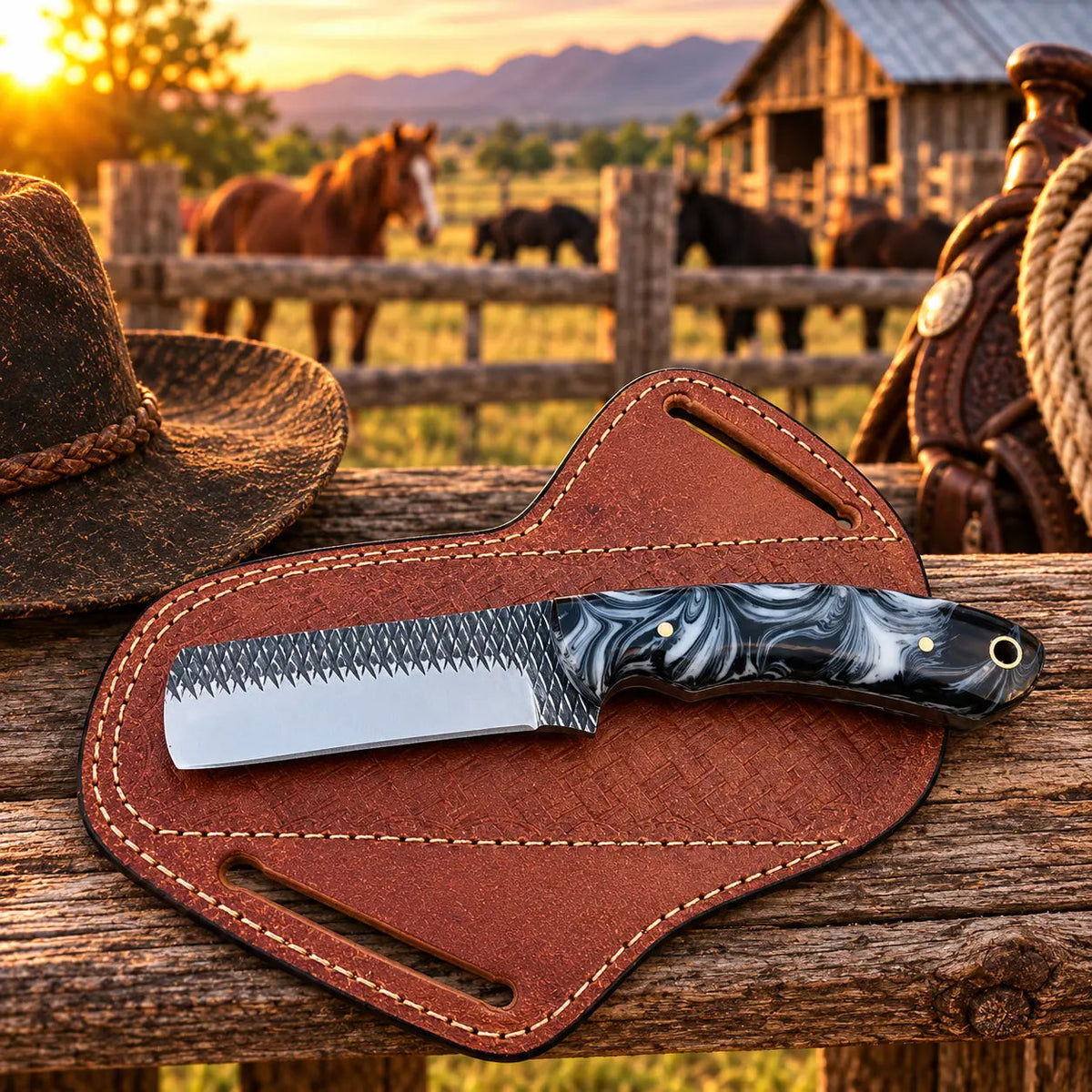 Ironbuck Cowboy Bull Cutter Knife – Rasp Steel, Resin Handle & Leather Sheath