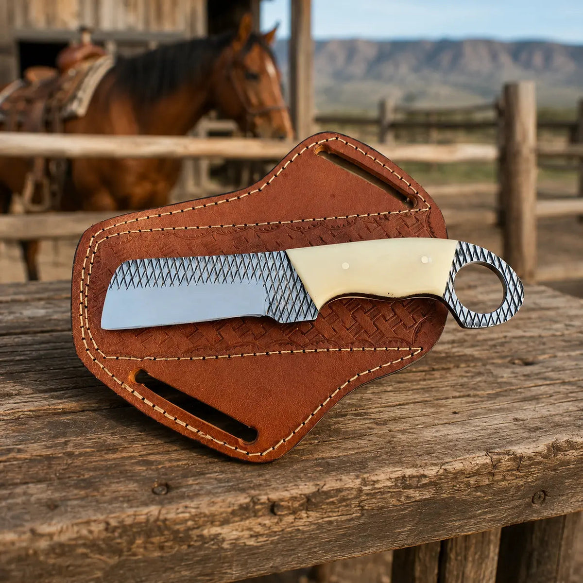 Rasphorn Rasp Steel Cowboy Bull Cutter – Bone Handle & Leather Sheath