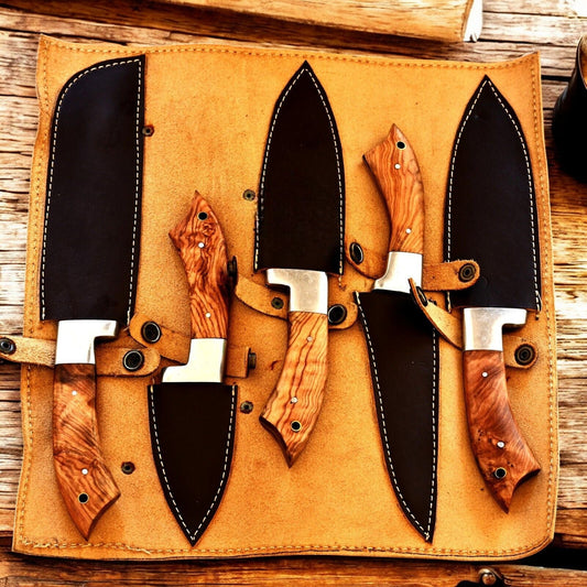 Handmade Damascus Kitchen Knives Set with Olivewood Handle