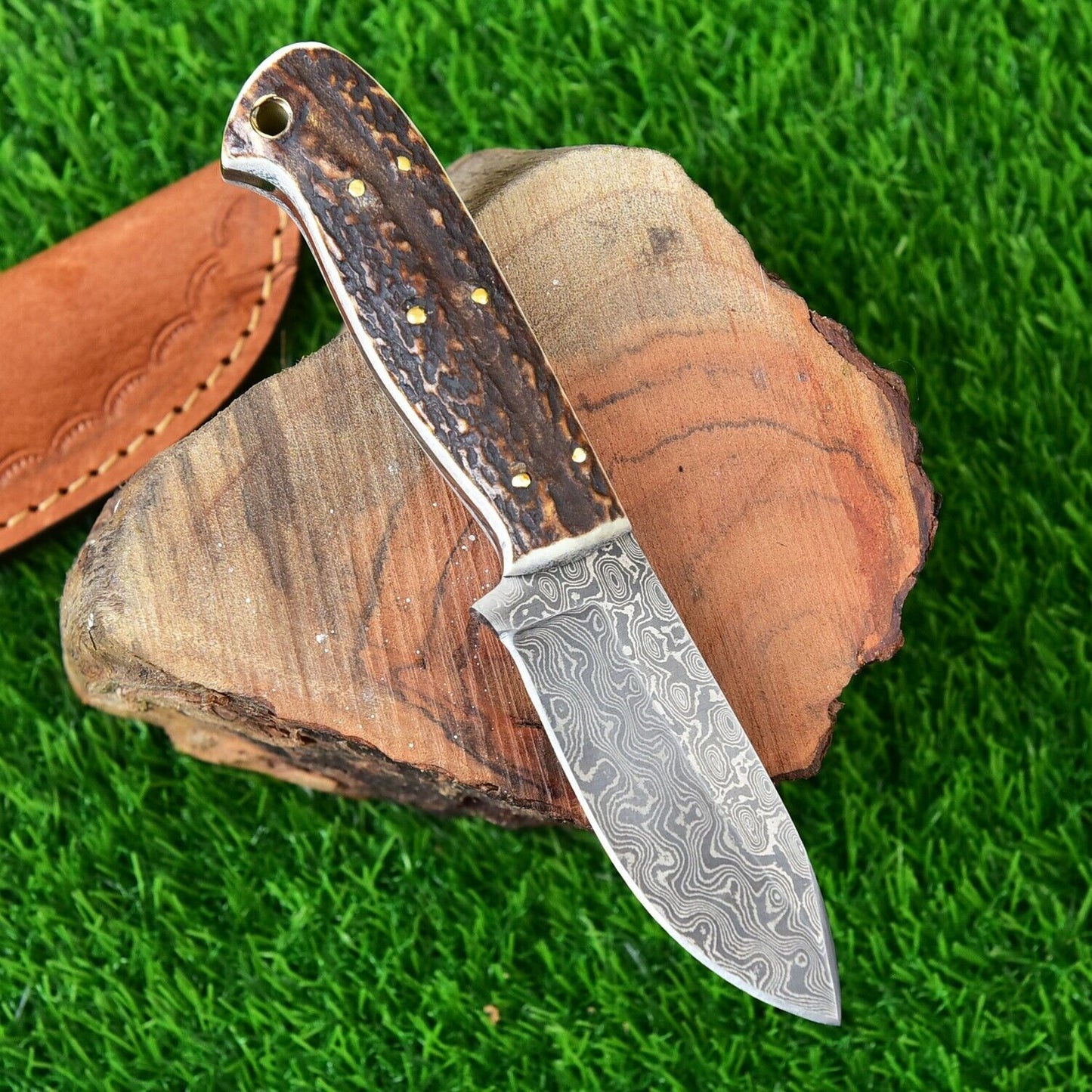 Custom Handmade Damascus Steel Skinning Knife with Stag Horn Handle and Leather Sheath - 7 Inches by KBS Knives Store