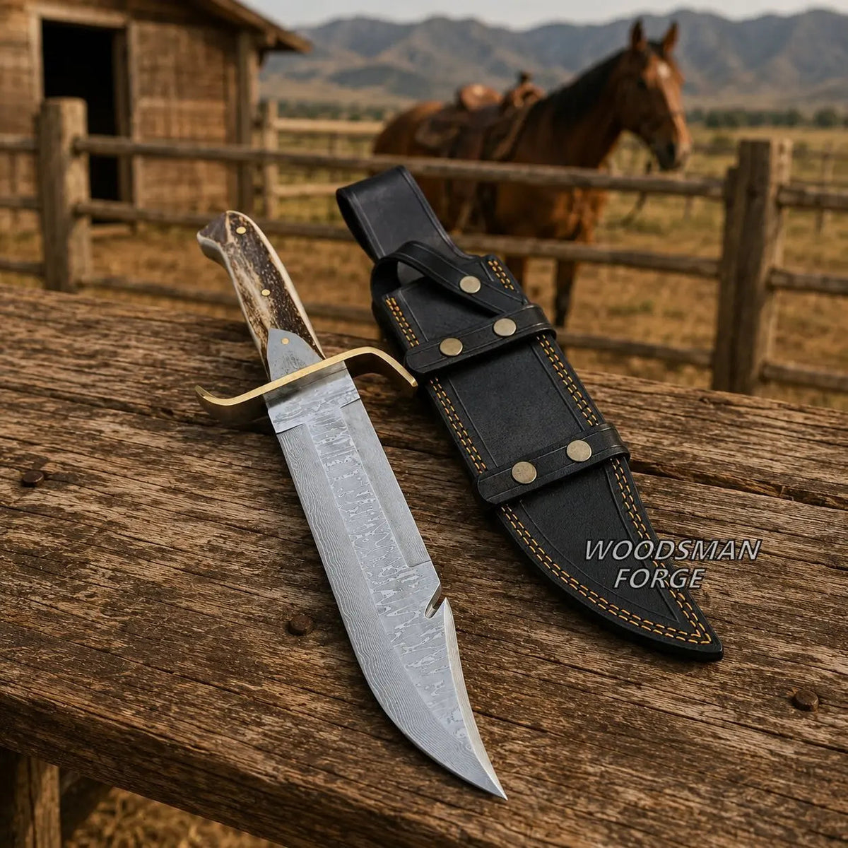 Stagreign Damascus Bowie Knife – Stag Antler & Gut Hook