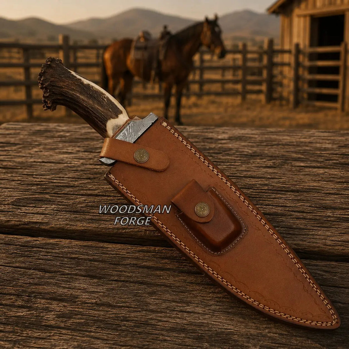 Stagwarden Stag Antler Bowie Knife – Damascus Steel & Leather Sheath