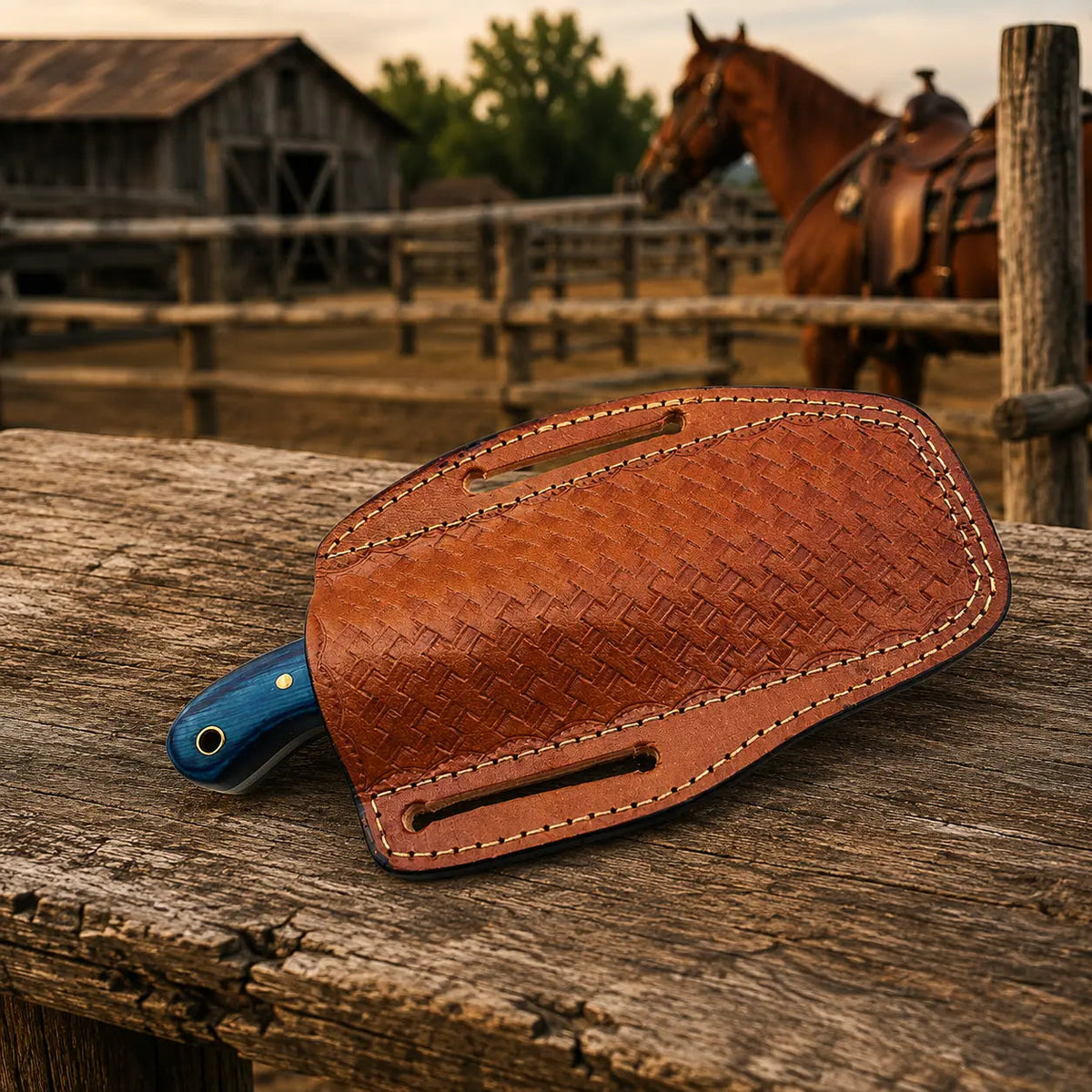 Westmere Damascus Cowboy Bull Cutter Knife – Pakkawood Handle & Leather Sheath