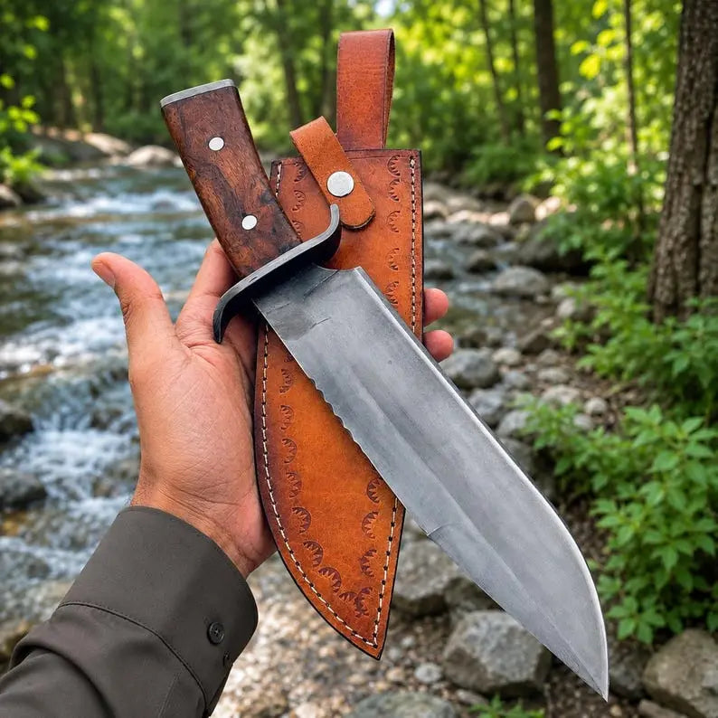 Hand Forged Bowie Hunting Knife with Wooden Handle & Leather Sheath