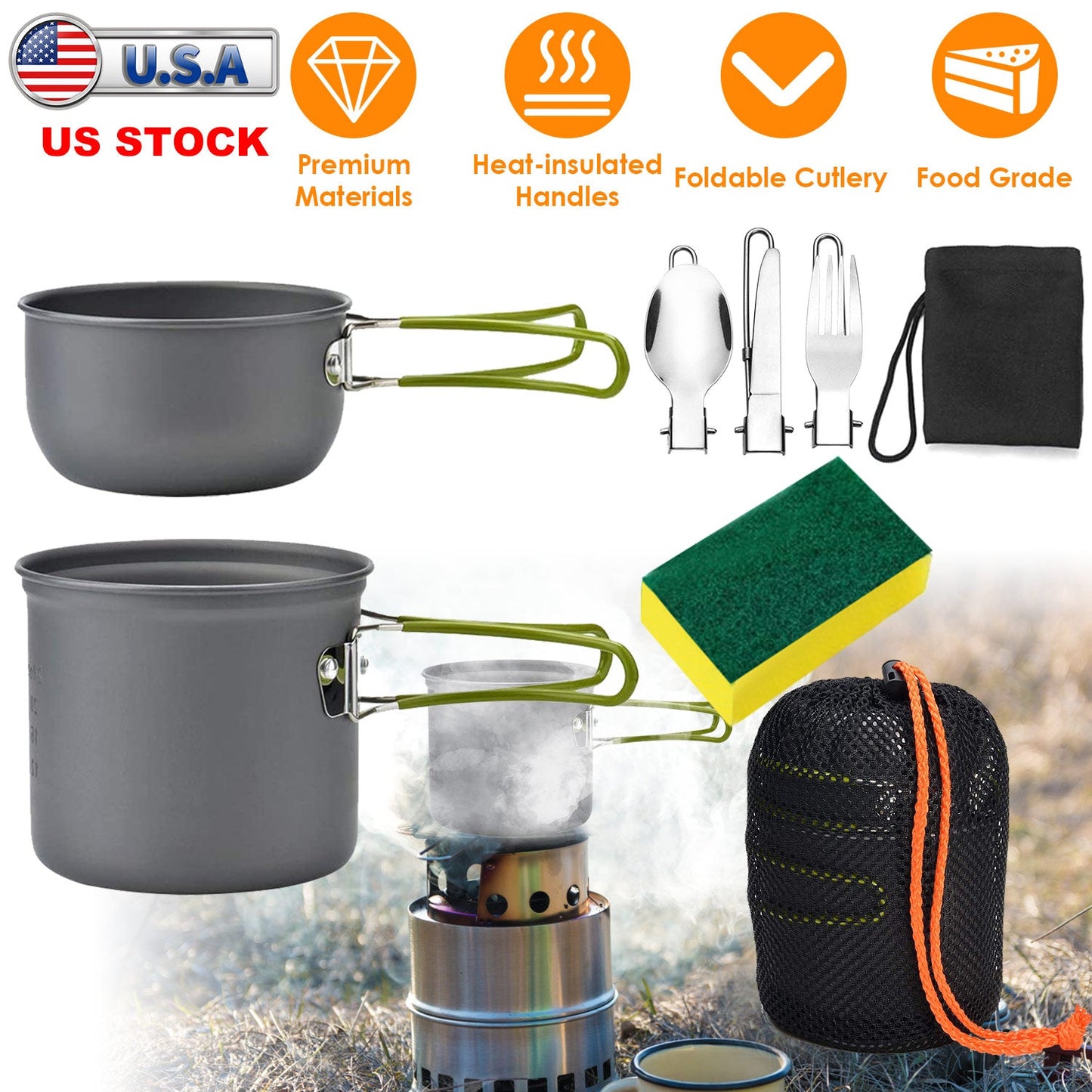 8Pcs Camping Cooking Ware Set Camping Stove Cookware Set Aluminum Pot Foldable Knife Fork Spoon Set for Hiking Picnic Outdoor