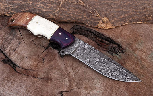 Custom Handmade Damascus Steel Hunting Knife with G10, Bone & Rosewood Handle – 9" | KBS Knives