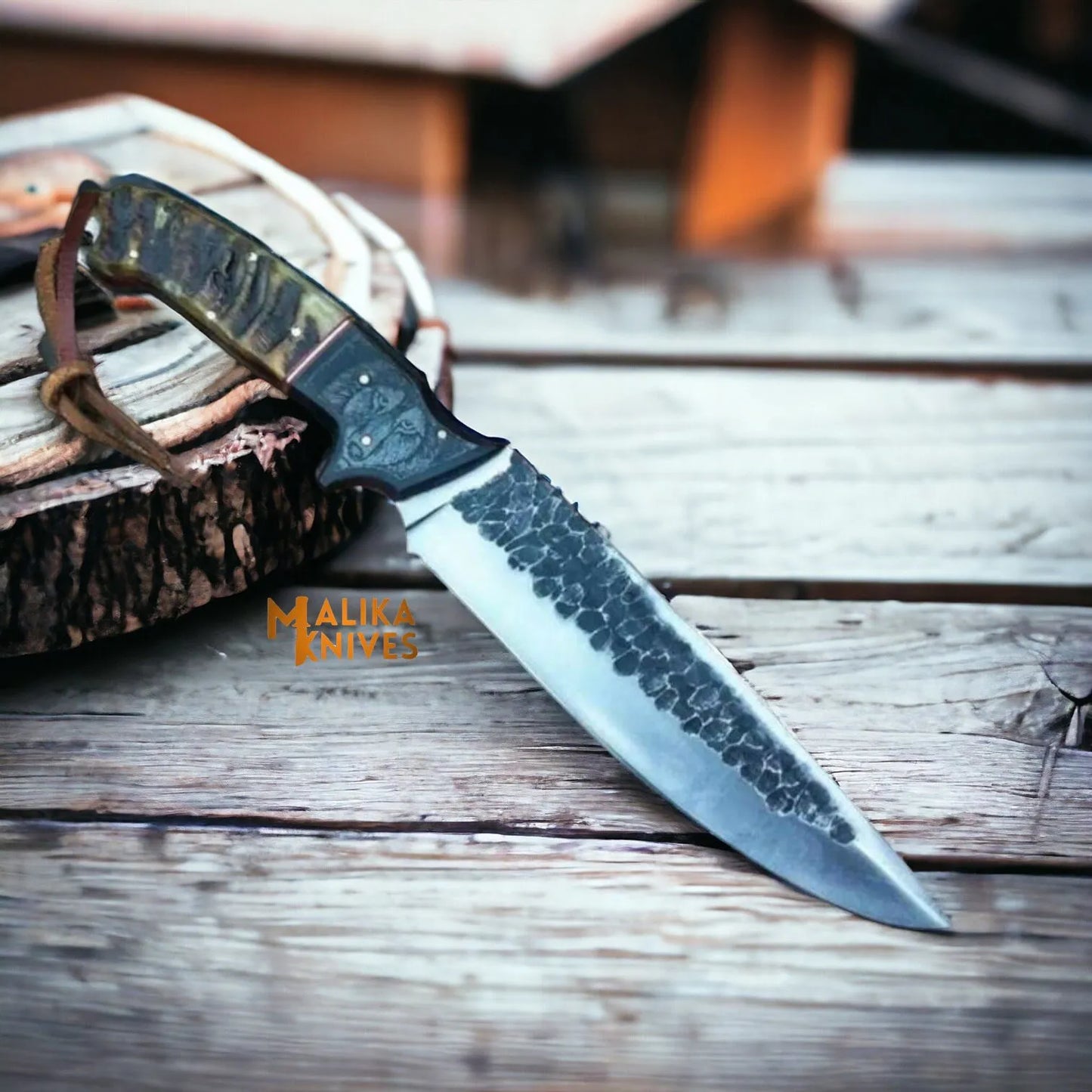 Hand forged D2 Wolf Hunting Knife - with Full Tang Build &  Engraved Leather Sheath-0357