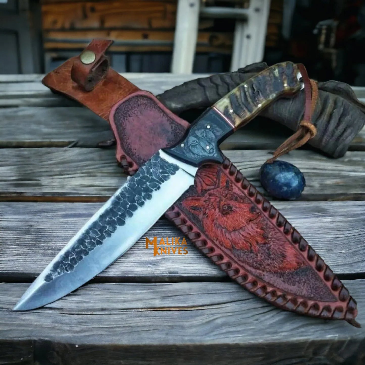 Hand forged D2 Wolf Hunting Knife - with Full Tang Build &  Engraved Leather Sheath-0357