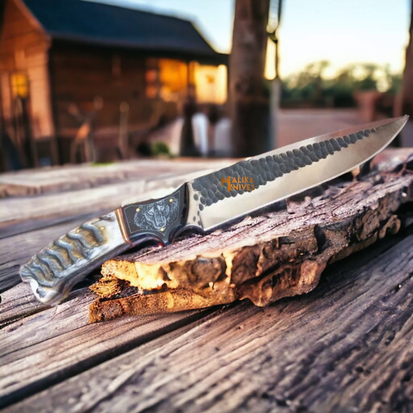 Hand forged D2 Wolf Hunting Knife - with Full Tang Build &  Engraved Leather Sheath-0357